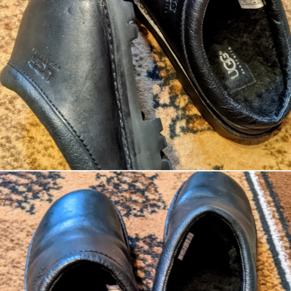 Ugg  Black Leather Slip On Clog Shoes Womens 7 Shearling Lined